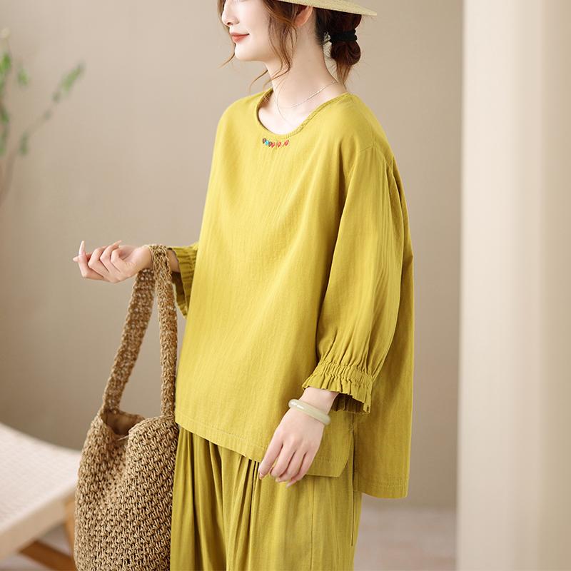 DIMANAF 2026 Plus Size Summer Pants Suits Women Sets Suits Loose Tops Shirts Long Pants Cotton Loose Casual Clothing