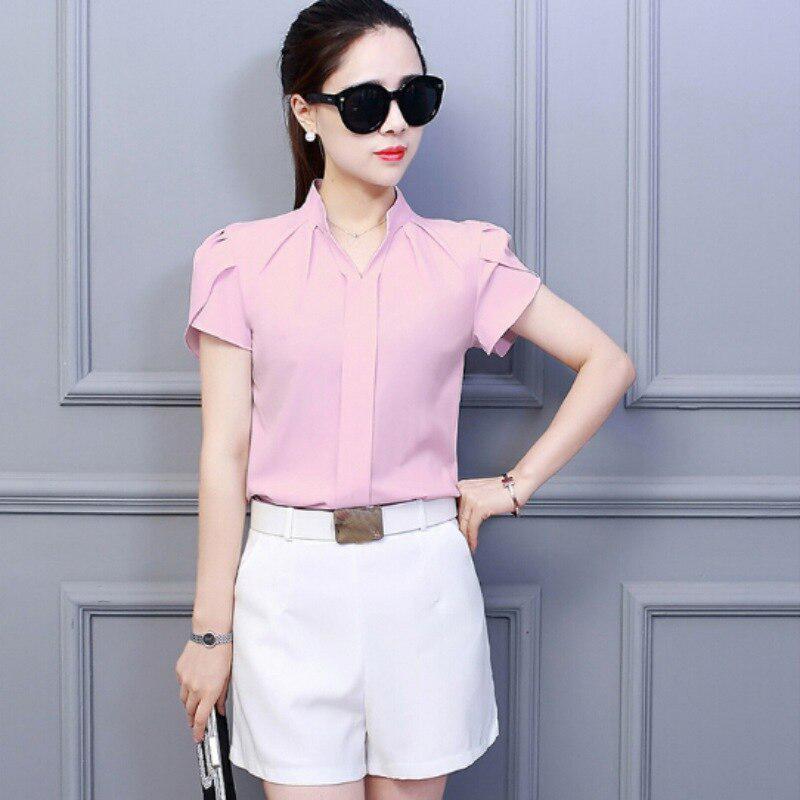 White Shirt Female Short Sleeve Shirt Fashion Bodycon Leisure Chiffon Blouse Tops