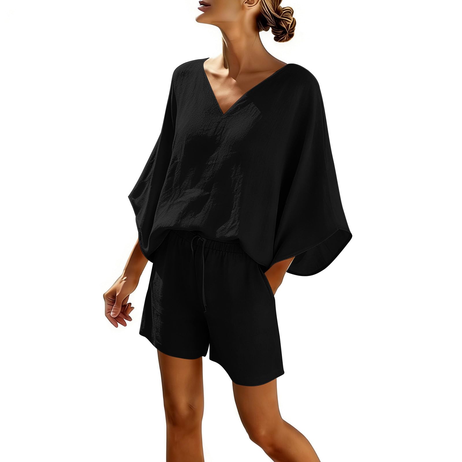Women s Loose Fit Casual Two Piece Set V Neck Batwing Sleeve Top with Elastic Waistband Shorts Lightweight Summer Outfit XL чёрный