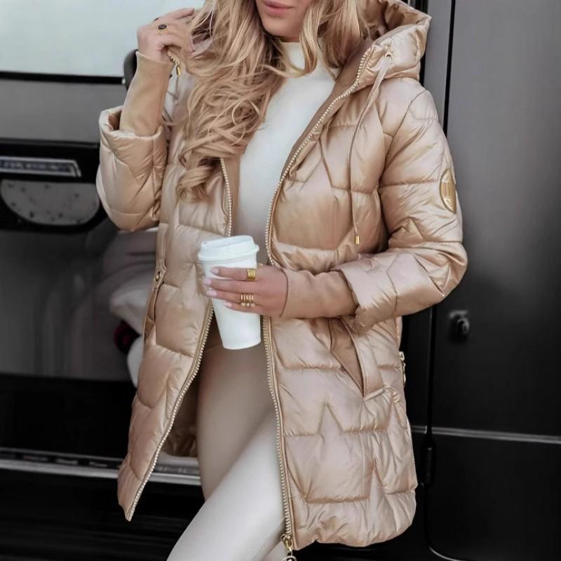 Womens Mid-Length Hooded Cotton Puffer Jacket 3-Zipper Casual Winter Coat Work