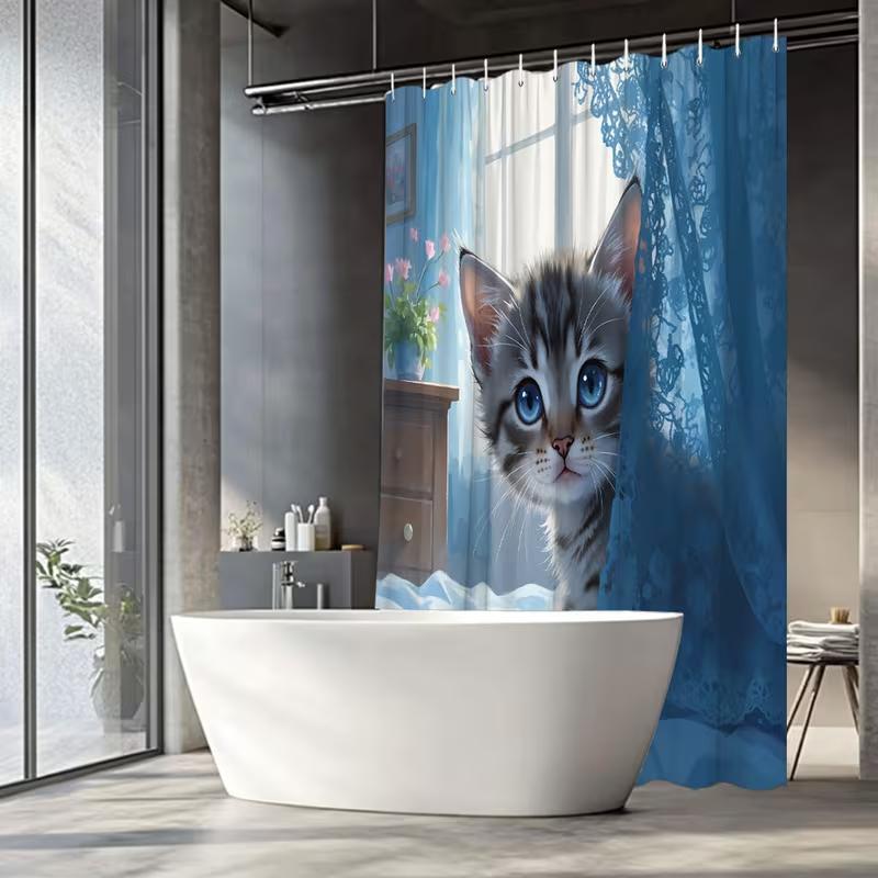VIKAMA Leopard Pattern Cat Blue Print Shower Curtain, For Covering Bathroom Windows, Protecting Privacy And Waterproof, Bathroom
