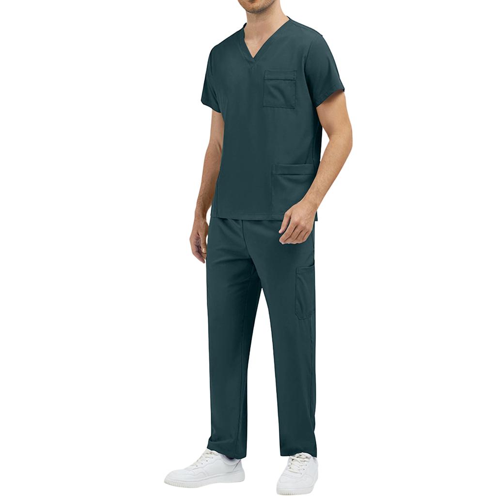 Mens' Loose And Comfortable V-neck Short Sleeved Workwear With Multiple Pockets Suit Set