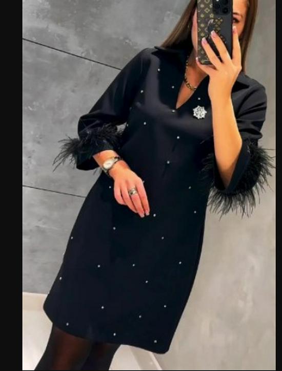 

2024 Весна/Лето Роскошное Платье Социалитки с Перьями, Длинным Рукавом, Квадратным Вырезом и Блестящими Акцентами 4XL чёрный