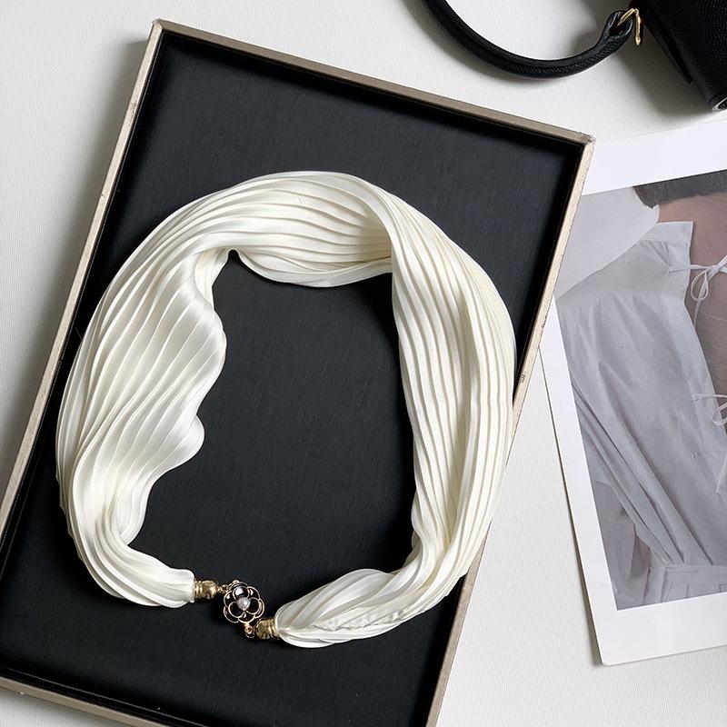 New Monochrome Magnetic Variety Silk Scarf Necklace Women's Pleated Summer Sunscreen Headscarf Decorative Scarf