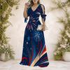 Damen Übergröße V-Ausschnitt Cold Shoulder Krawatte Kurze Ärmel A-Linie Feuerwerk Print Marineblau Maxikleid