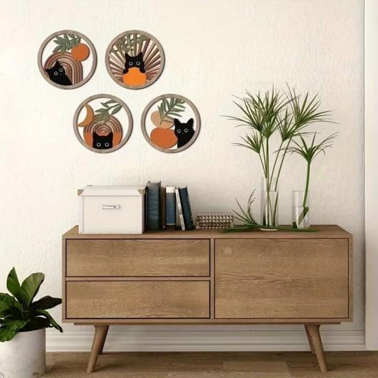 4 Adet Boho Siyah Kedi Duvar Dekoru Çiftlik Evi Geometrik Oyma Asılı Ahşap Duvar Sanatı Komik Kedi Bohem Soyut Yuvarlak Daire İşareti Kreş İçin