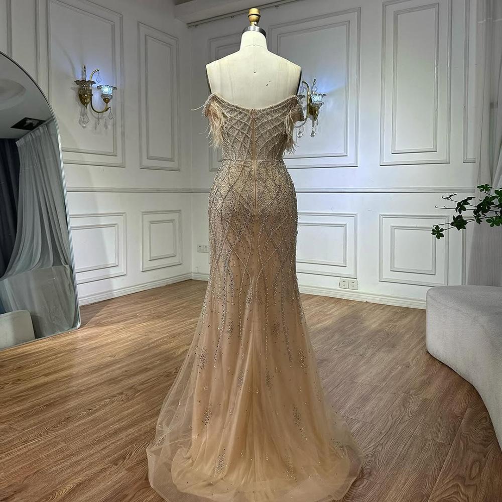 Nude elegant feather shoulder fishtail dress temperament socialite banquet host dress LA11818