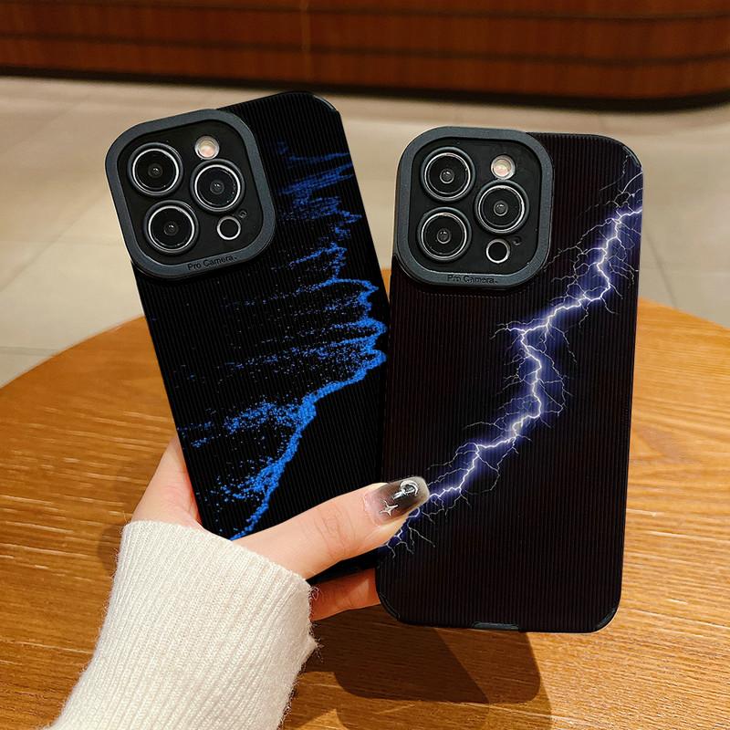 Vertical Grain Leather Shell Flashlight Blue Sea Printed Patterned Shockproof Soft Silicone Case with Camera Lens Full Protection for iPhone