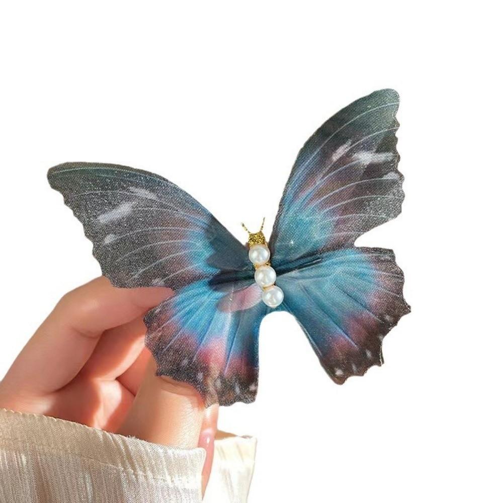 New Pearl Butterfly Hair Clips Dreamy Blue Ponytail Headdress Mesh Lace Butterfly Hairpins Hair Accessories
