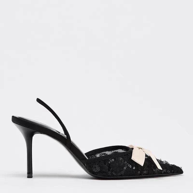 Brand Designer Heels for Women Fashion Pointed Toe Mesh Bling Bow Summer Sandals Elegant Banquet Back Strap Party Shoes Ladies