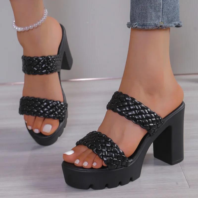 Summer Hot Selling Women's Shoes Fashion Solid Color Open Toe Women's Slippers Roman Thick Heel Women's High Heel Beach Shoes