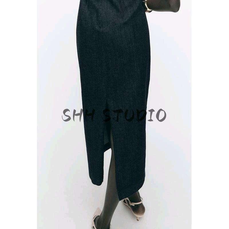 Spring New Women's Clothing Fashion Style Sleeveless round Neck Gold Inlaid Denim Midi Skirt Dress 2022576