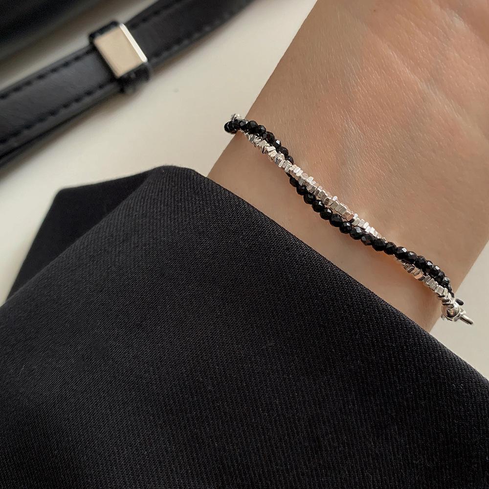 Elegant S925 Silver Black Spinel Double-Layer Bracelet Necklace