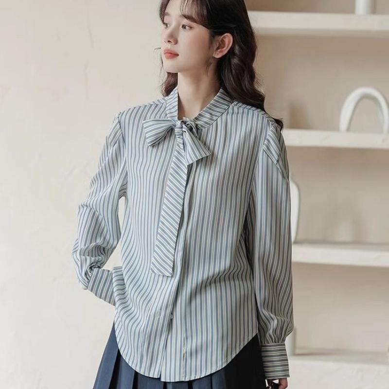 Ladies' Striped Shirt Women's Bow Tie Round Neck Long Sleeved Blouse Spring New Version Korean Style Loose Versatile Casual Top