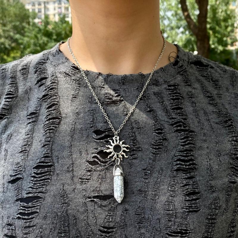 2 szt. Naszyjnik dla par w stylu retro Słońce Księżyc Kryształ Kolumna Sześciokątna z Kamienia Naturalnego Biżuteria dla Par