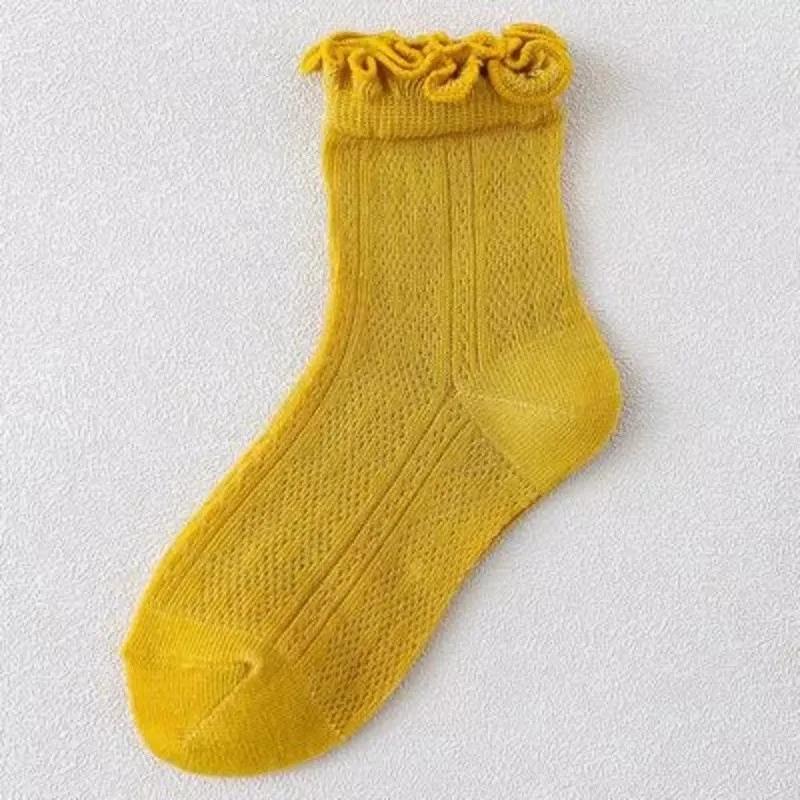 Spring and Summer Girls New Thin Breathable Comfortable Cotton Mesh Solid Lace Fashion Wooden Ear Edge Princess Socks