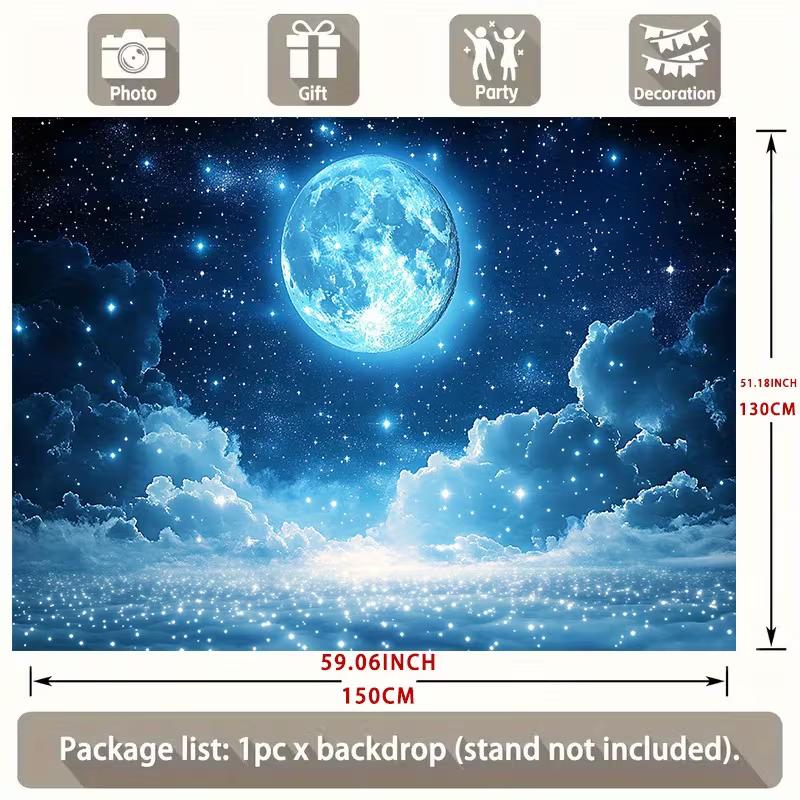 2D Dreamy Galaxy Tapestry Blue Moon with Stars and Cloudscape Wall Decor 47.2x31.5inch/120*80cm