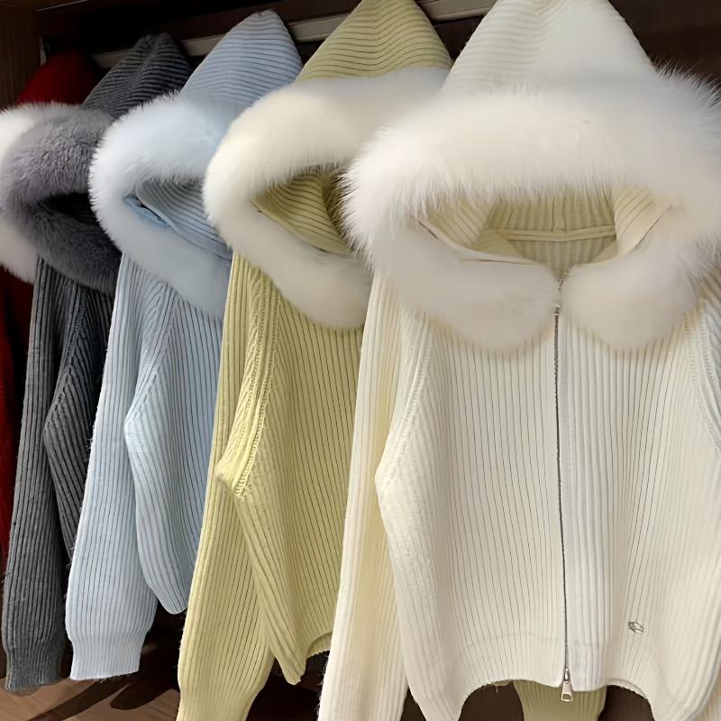 Damenmantel mit Kapuze und großem Pelzkragen, Reißverschluss, Pullover, Herbst- und Winter-Lässiger Stil, Gut aussehender Strick-Cardigan
