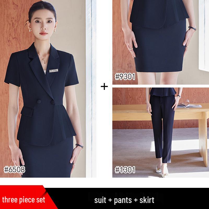 Women's Summer Short Sleeve Suit Set - Professional Skirt for Hotel Front Desk or Jewelry Store Workwear