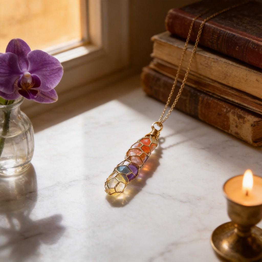Natural Crystal Pendant Necklace With Rainbow Silk Wrap For Boho Style Jewelry