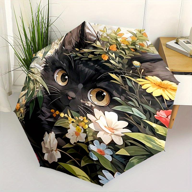 

1pc Black Cat Flower Automatic Opening and Closing Umbrella - Lightweight 3-Fold Design, Suitable for Fans, Travel, Daily Use - Official Product,