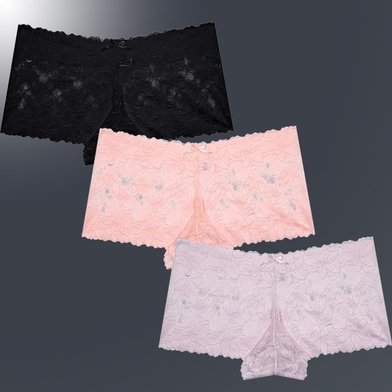 3ks/Sada Dámské Sexy Krajkové Kalhotky Průhledné Spodní Prádlo s Květinovými Listy V-Pas Boyshort pro Ženy Měkké Intimní Prádlo