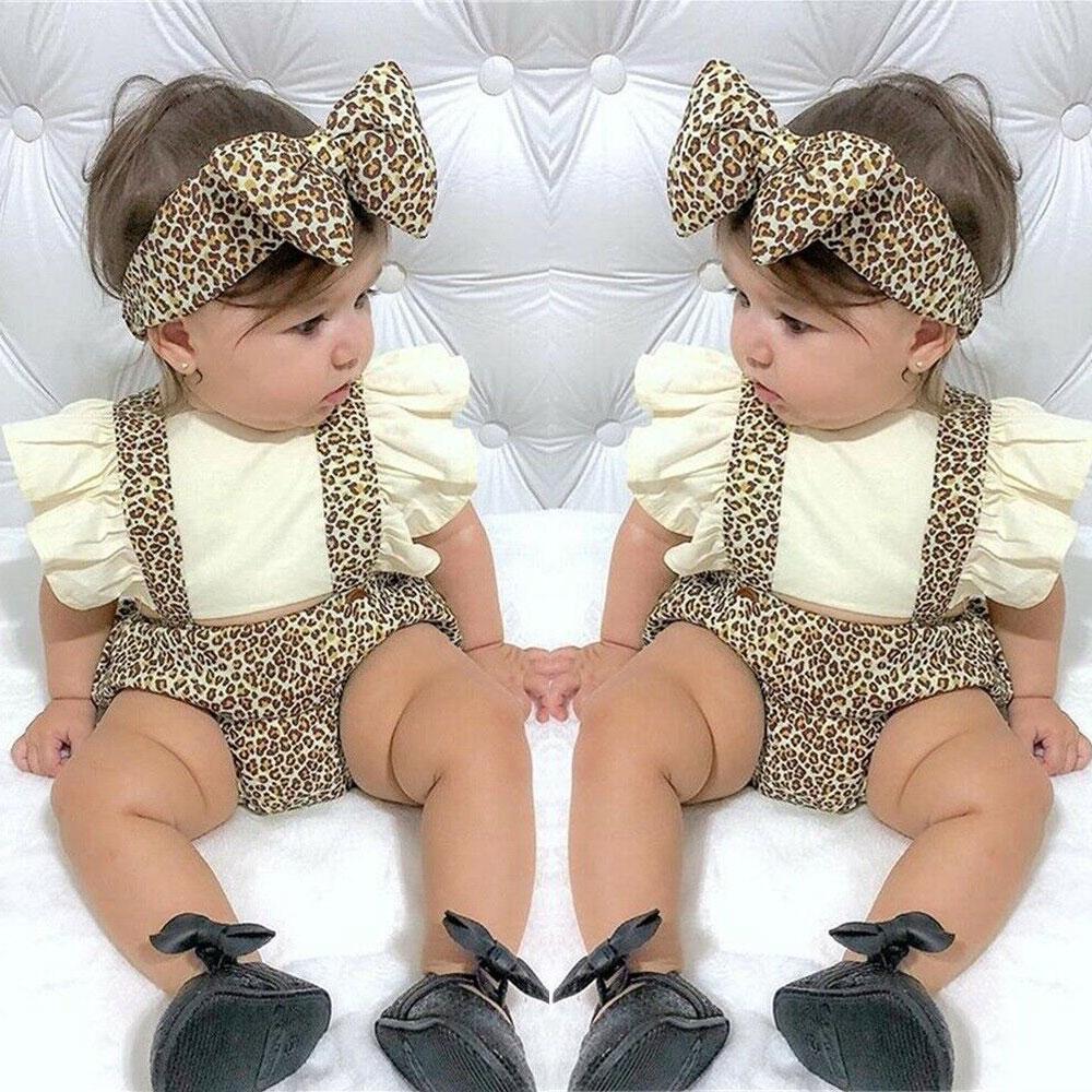 Baby Girls Leopard Print Clothes Set, Backless Flying Sleeve Square Collar Romper + Bow-knot Headband for Summer