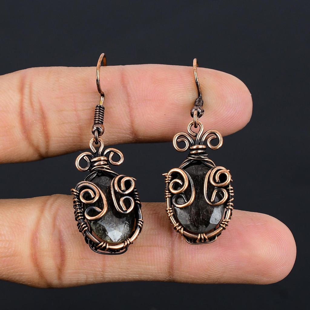 Black Rutile Jewelry, 999 Copper Wire Wrapped Gemstone Earrings, Handmade Earrings, For Memorial Day