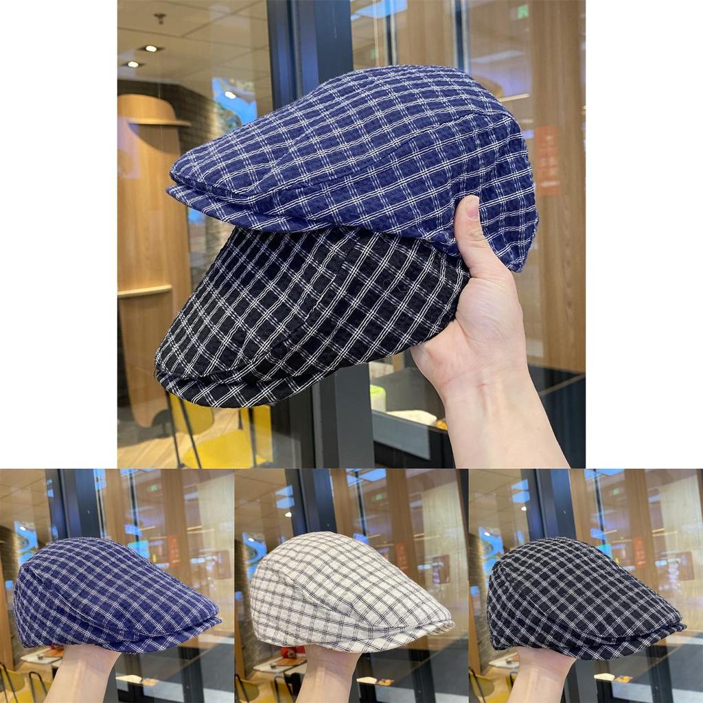 Womens Summer Retro Plaid Grid Beret Cap With Short Brim For Street Art Style