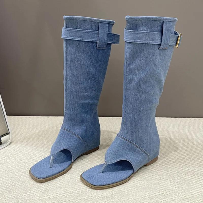 Women Canvas Denim Fashion Clip-toe Sandals 2024 Summer Outdoor Street Open-toed Sandals Casual Walking Flat Shoes Mujer Zapatos
