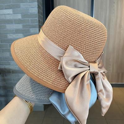 Spring and Summer Outdoor Sunshade Bow Decor Large Brim Sunshade Beach Hat Straw Hat