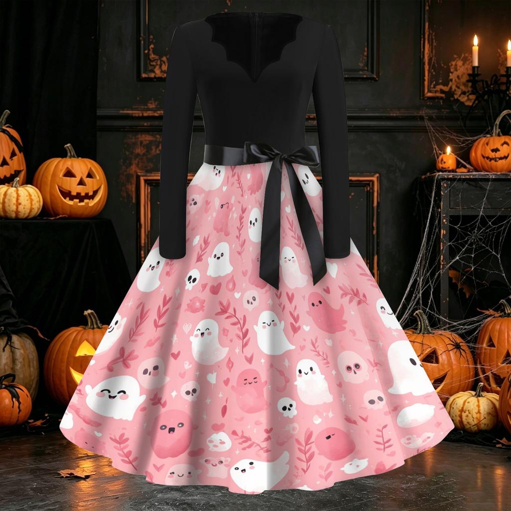 Women Casual Long Sleeve V Neck Vintage Dress Halloween Print Retro Style A Line Midi Dress with Waist Tie Belt