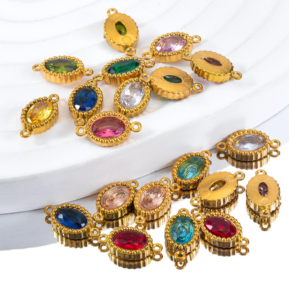 10pcs Colorful Crystal Charm Double Holes Bracelet Connector Stainless Steel Necklace Earring Oval Pendants DIY Jewelry Findings