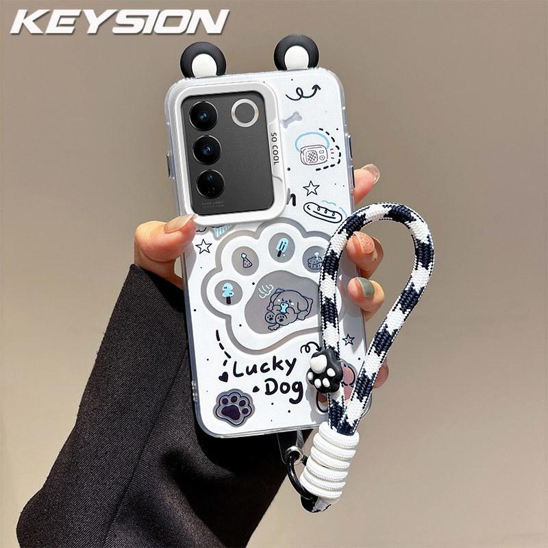 KEYSION Cute Ear Cartoon Case for VIVO V27 5G with Lanyard Soft Silicone+PC Shockproof Phone Back Cover for VIVO V27 5G
