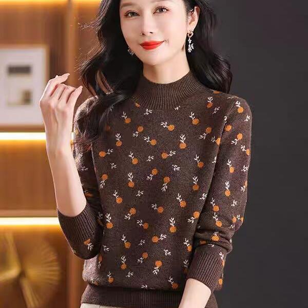 Semi-turtleneck Thickened Women's Autumn and Winter Loose Jacquard Cashmere Backing Sweater New Knitted Top