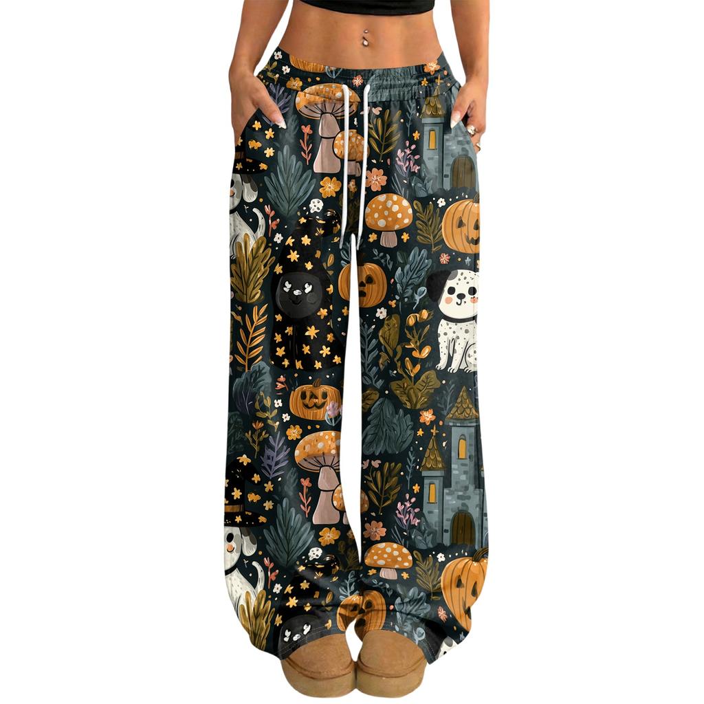 Women's Casual Halloween Print Loose Wide Leg Pants with Elastic Waist and Drawstring
