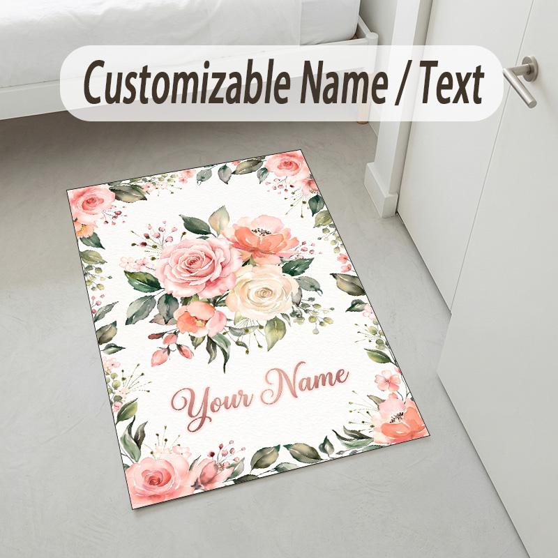 Floral Garden Theme Crystal Velvet Rug Personalized Custom Name Text Soft Floor Mat Home Decor