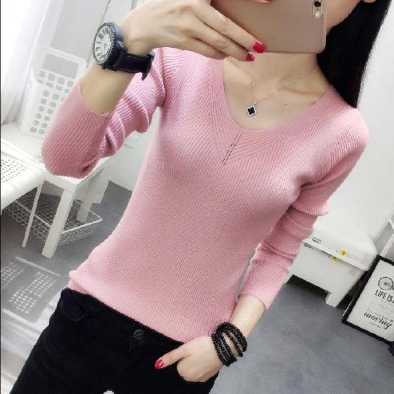 Autumn and Winter New Sweater Women's Slim and Thin V-neck Bottoming Shirt Core-spun Yarn Student Korean Version Pullover Knitted Sweater Women's