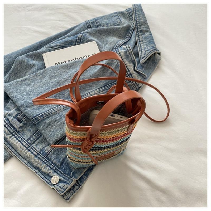 Color Striped Bucket Bag Leather Top Handle Daily Mobile Phone Purse Stripes Woven Crossbody Bag Small Luxury Small Square Bags