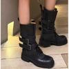 New Style Luxury Pleated Buckle Knight Boots for Women Autumn Brown Leather Mid Calf Boots Woman Slip-On Thick Heel Riding Boots