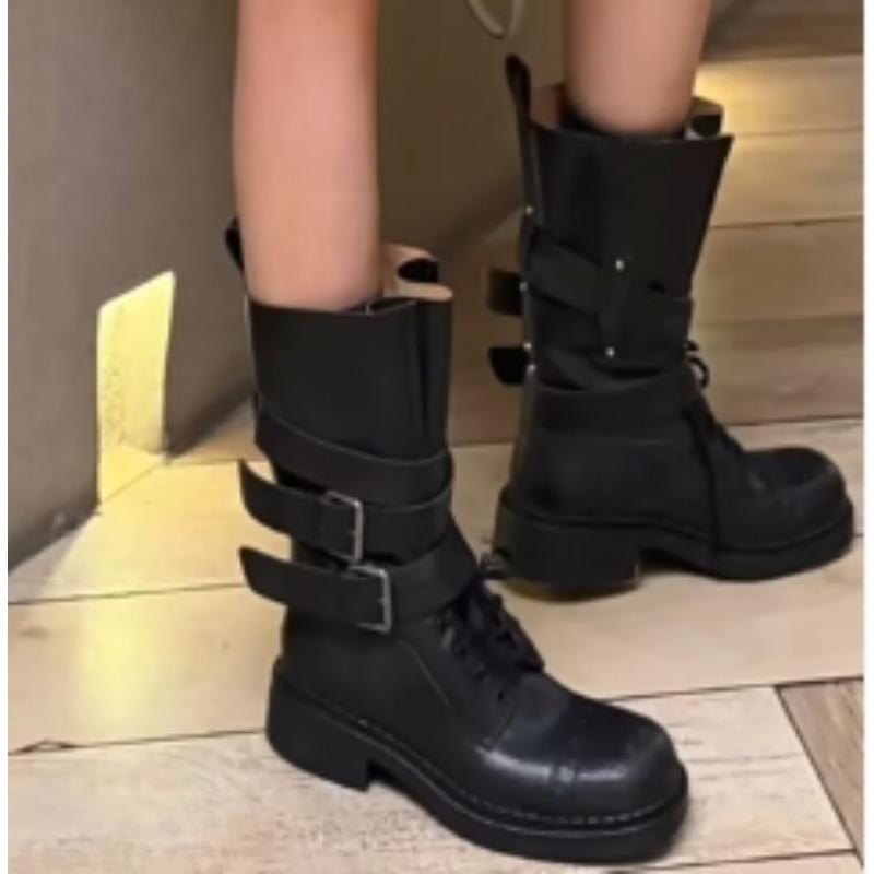 New Style Luxury Pleated Buckle Knight Boots for Women Autumn Brown Leather Mid Calf Boots Woman Slip-On Thick Heel Riding Boots