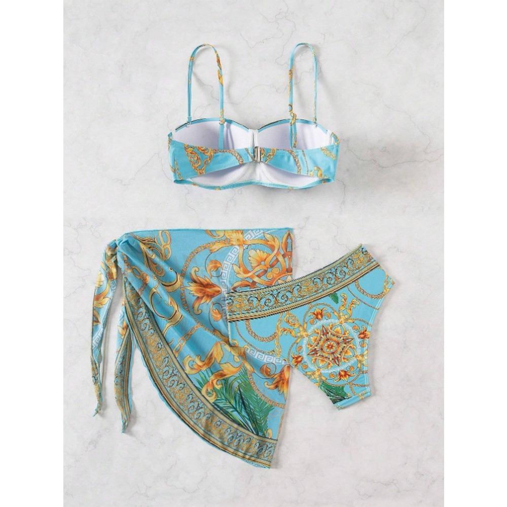 European and American New One-piece Swimsuit Sexy Back Printed Women's Three-piece Bikini