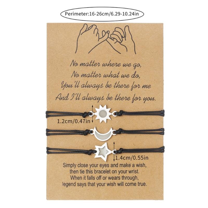 3Pieces Elegant Friendship Bracelets for Best Friend Couples Moon Sun Star Pendant Wrist Chain Adjustable Handmade Cord