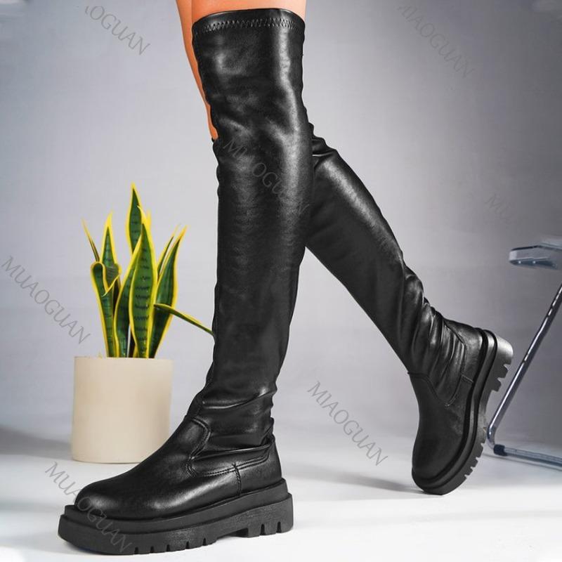 Women's Over-the-knee Boots Leather Platform Chunky Sole Round Toe Slip-On Sexy Thigh High Shoes for Women Street Style Footwear