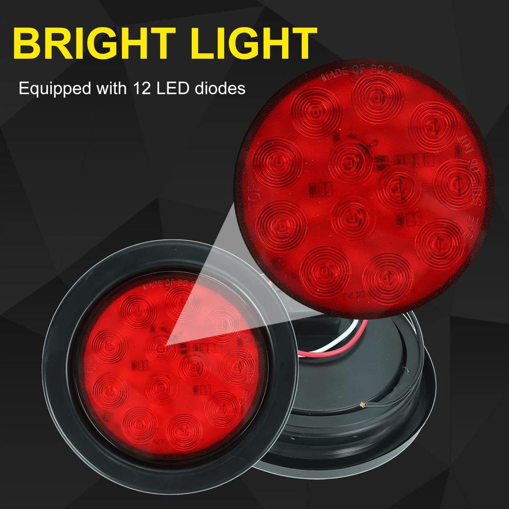 4Pcs 4" Round Red LED Trailer Tail Lights, Grommet Plug 12 LED Waterproof Stop Turn Signal Stop Brake Trailer Lights For Tractor Truck Bus Lorries