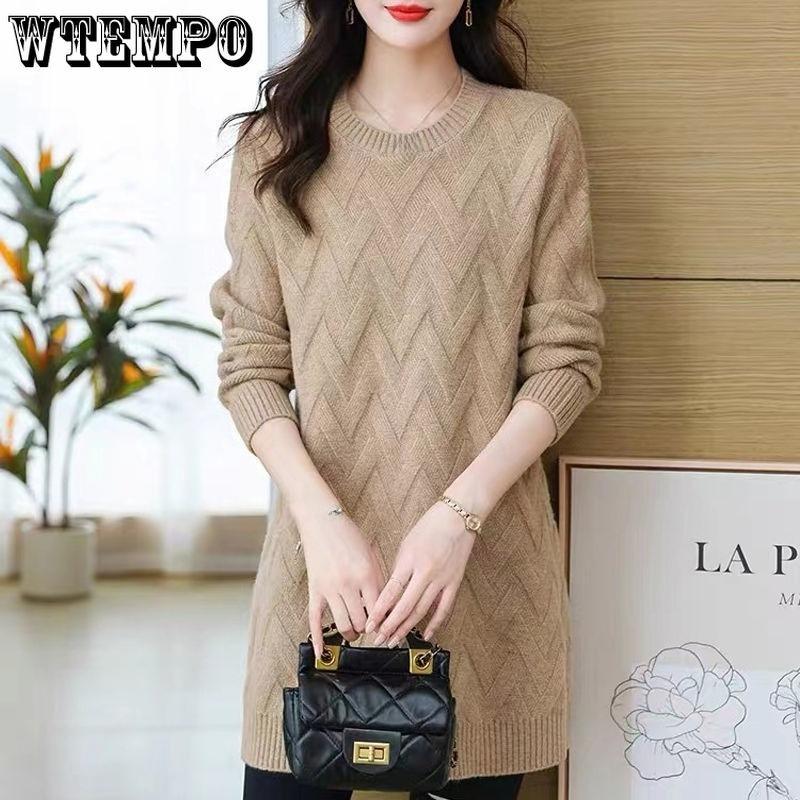 Women's Mid-length Sweater Loose Korean Style Large Size Pullover Outer Wear Pure Color Casual Long-sleeved Knitted Shirt