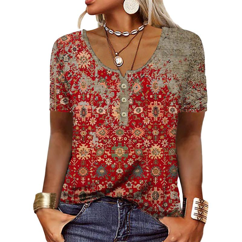 Elegant T-shirt Ladies Short-sleeved Fashion Ethnic Style Loose Retro Casual Button Shirt 3d Floral Print Loose Summer Top