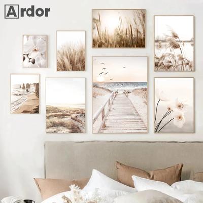 Poster Paesaggio Beige Mare Spiaggia Ponte Tela Immagine Fieno Canna Arte da Parete Stampa di Fiori Pittura Poster Nordico Decorazione Soggiorno