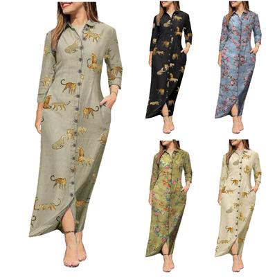 Damenmode, lässig, Temperament, lockere Kette, geometrischer Druck, langärmeliges Kleid, Hemd mit Knöpfen, langes Kleid