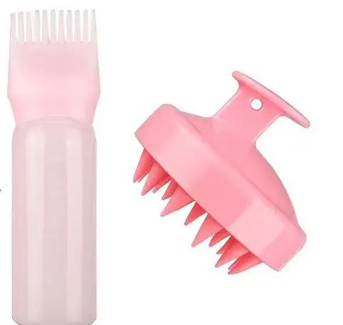 BEPAN 2pcs Hair Oil Dispenser Bottle Root Comb Applicator Hair Dye Refillable Dispenser with Massager Brush Hairdressing Coloring Tool